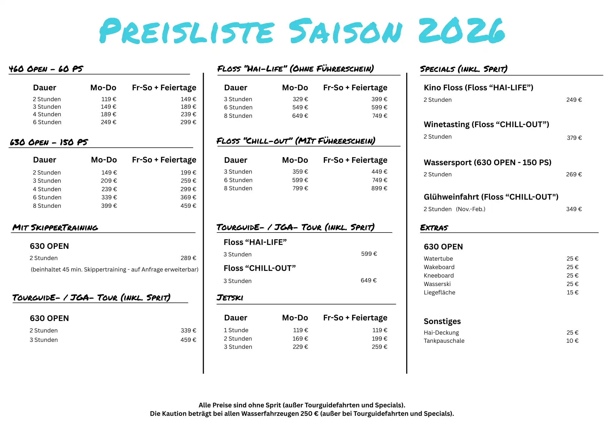 Preisliste Hai-Charter 2026